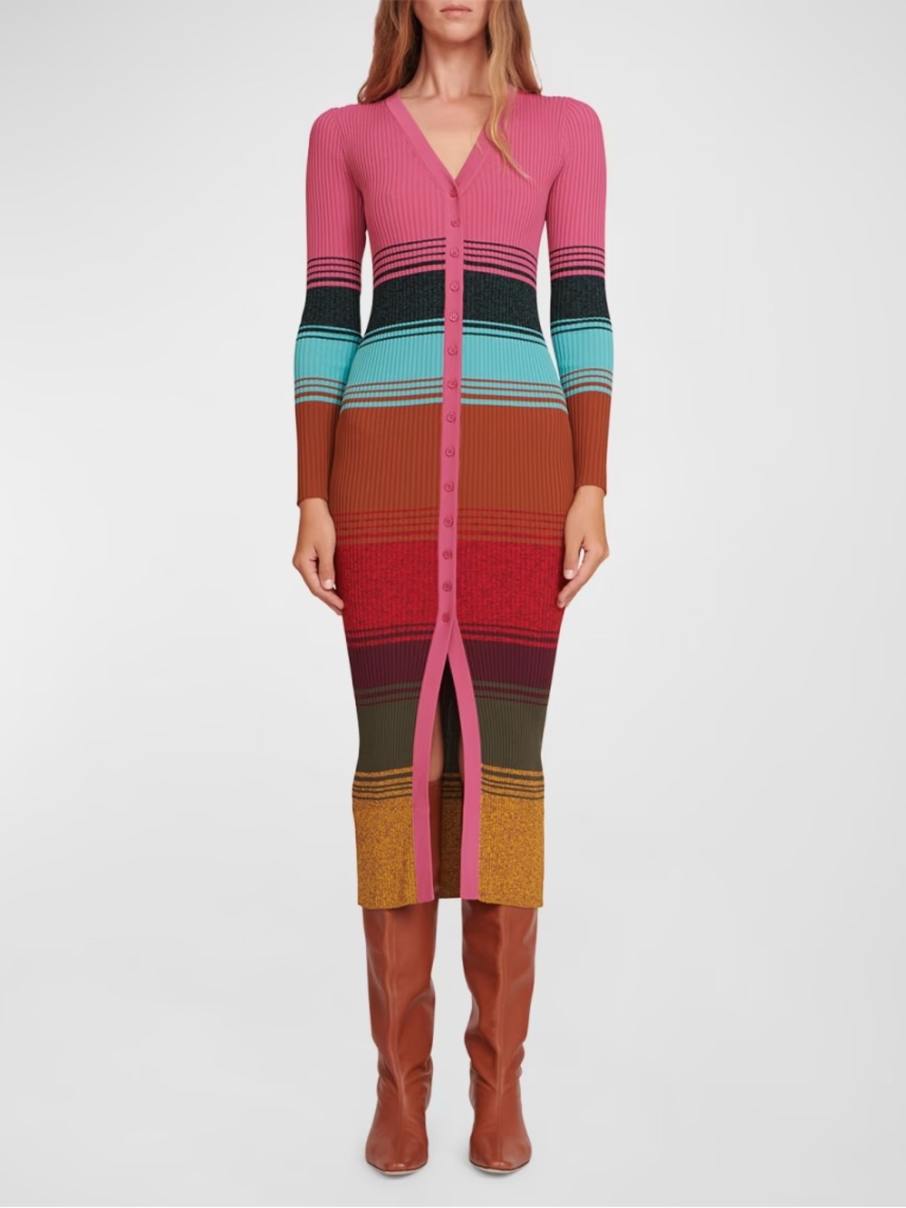 STAUD Shoko Rib-Knit Sweater Dress Size Medium Long Sleeve Color Block Stripe